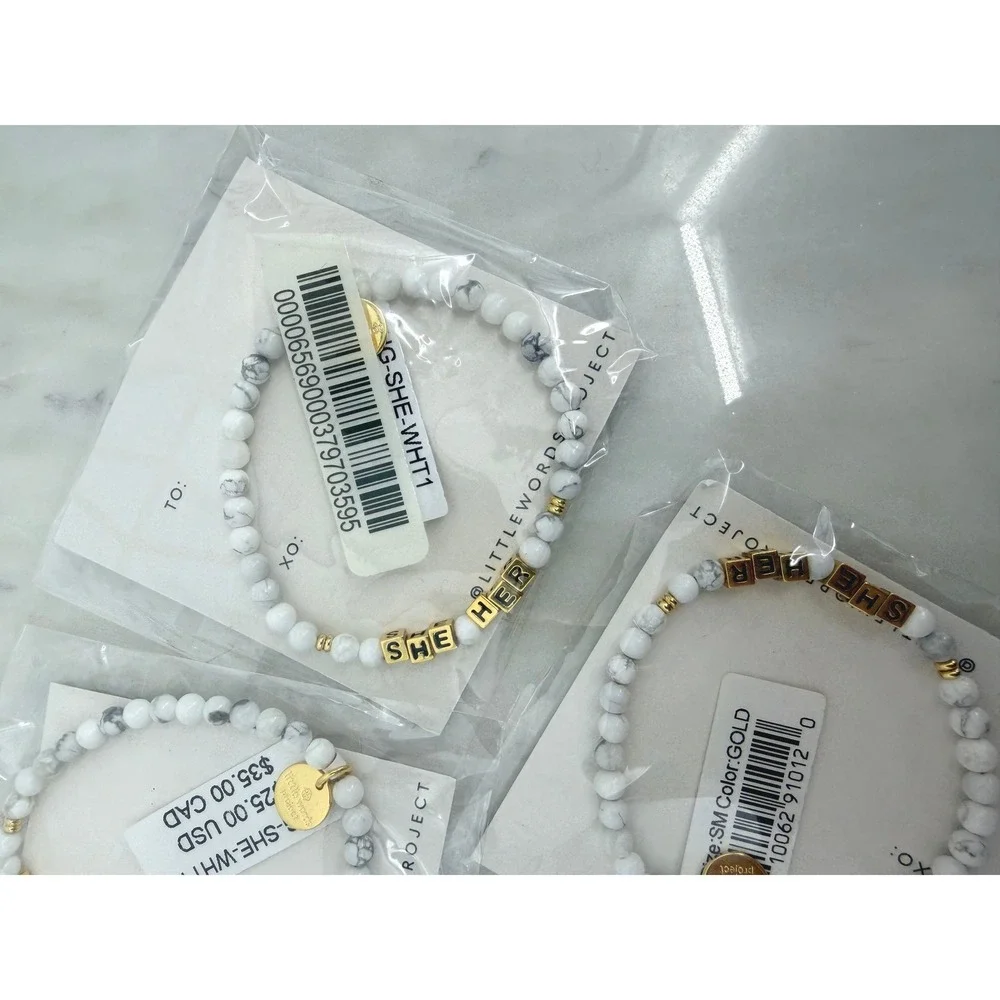 3 Little Words Project She Her Pronoun Bracelet White Howlite Gold